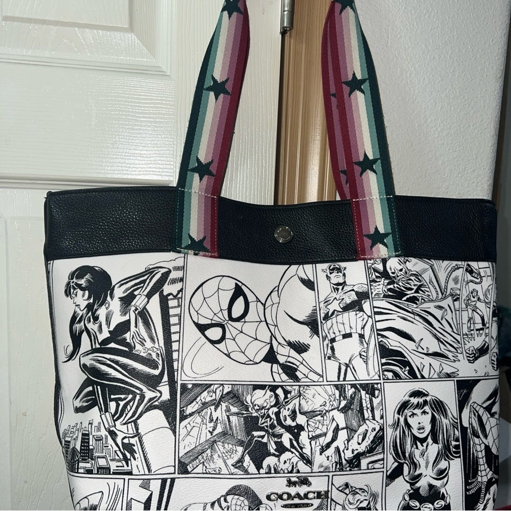 COACH Black & White Comic-Print Tote with Multicolor Star Stripe Handles